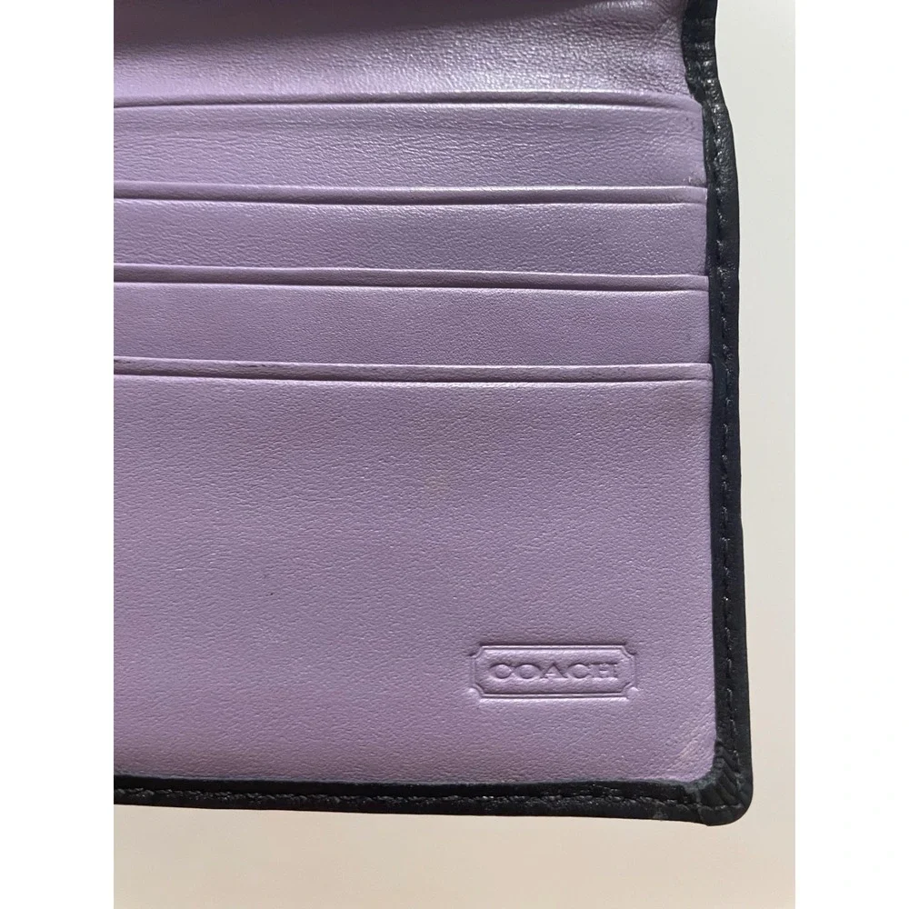 Coach Black Leather Wallet Slim Envelope Lavender Interior Contrast Stitch